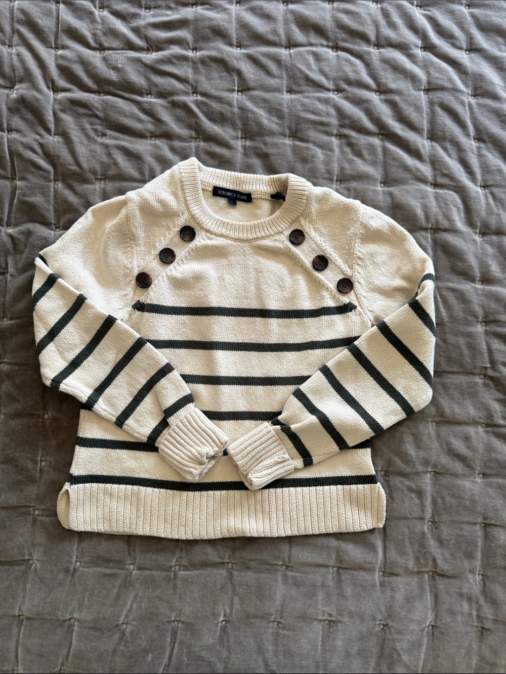 Veronica Beard Cream Sweater with Dark Green Stripes and Shoulder Buttons